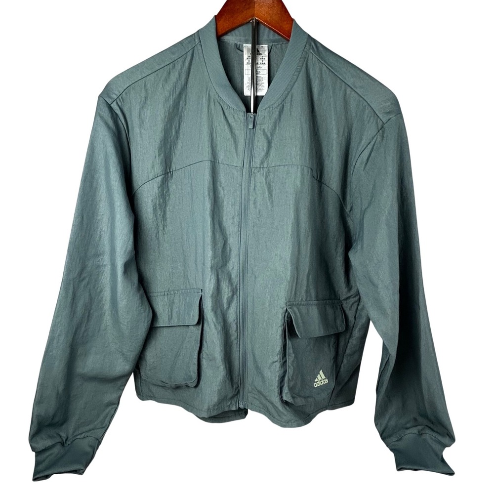 Adidas Womens Full Zip Bomber Jacket Teal Green Zebra Graphic Back Logo Medium